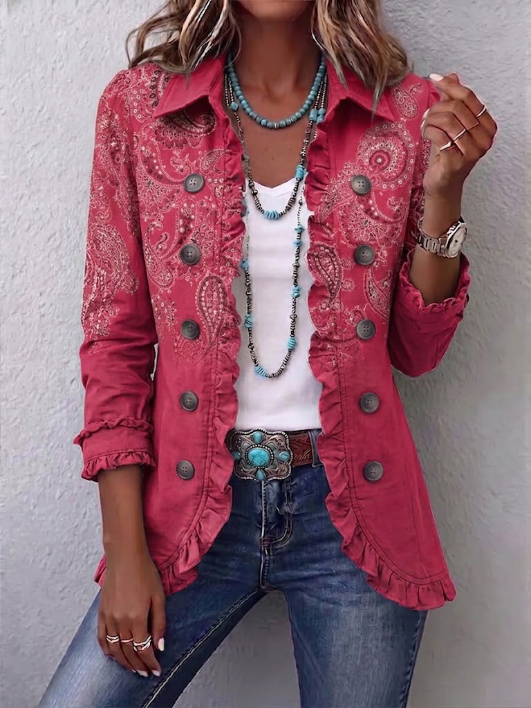 Isolda | Chaqueta con volantes y cachemir vintage en rosa antiguo