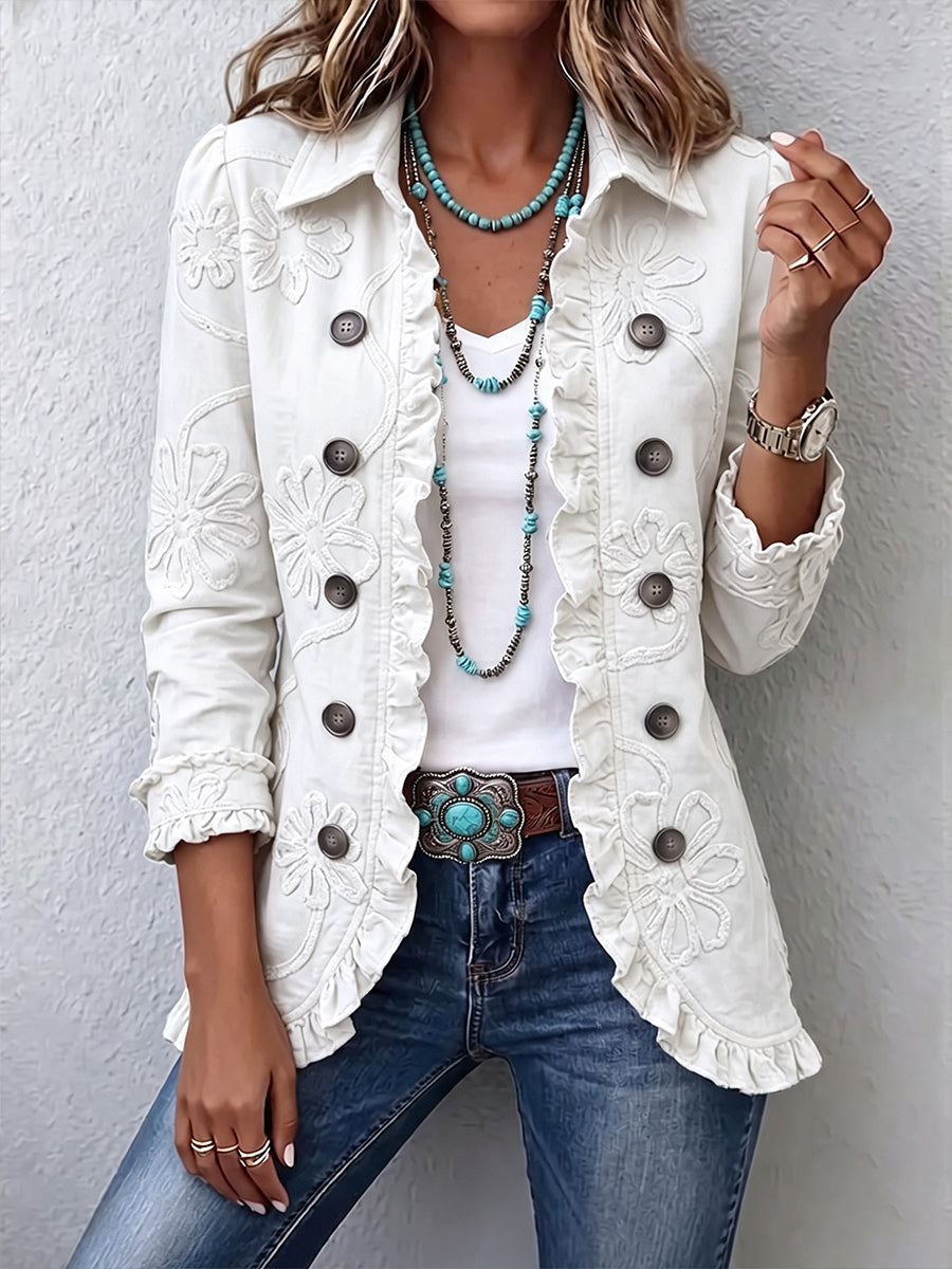 Camille | Chaqueta bohemia-chic color marfil con bordado floral y acabado fruncido