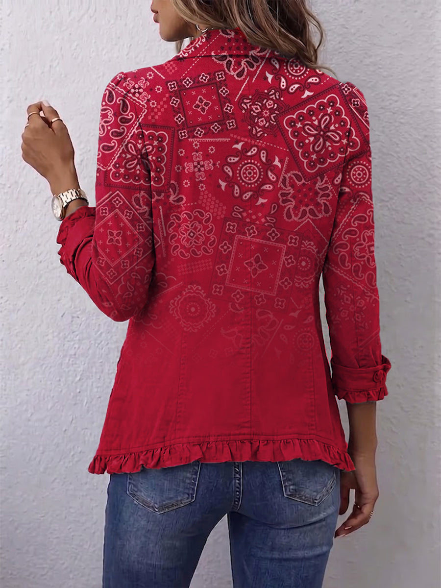 Gaëlle | Chaqueta bohemia roja con volantes y estampado paisley degradado