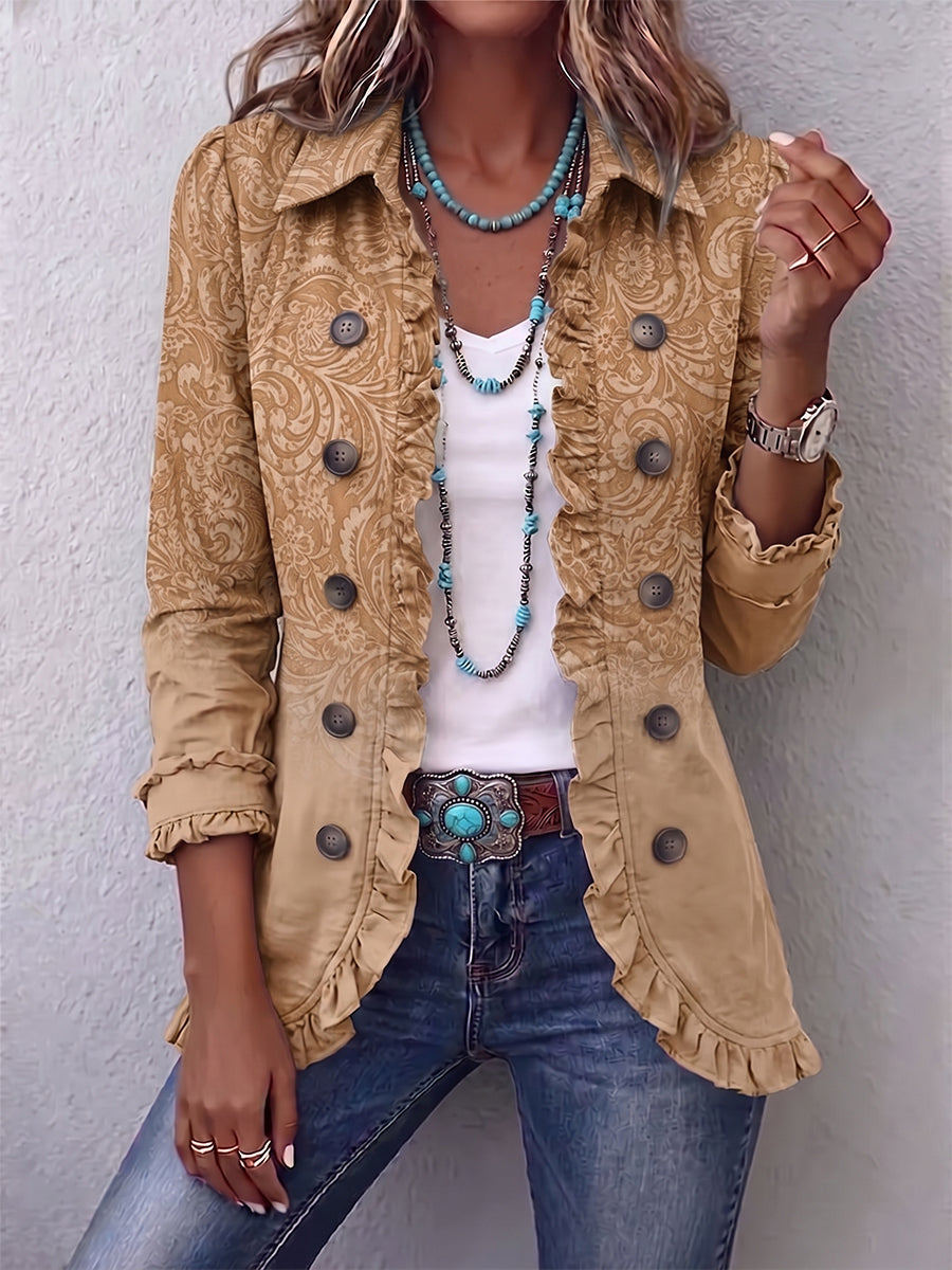 Claire | Chaqueta vaquera estampada color caqui con volantes