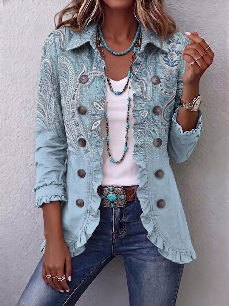 Emilie | Chaqueta vintage azul cielo con estampado paisley y volantes