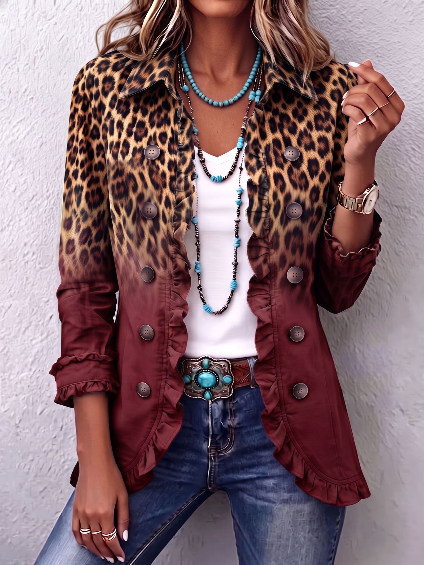 Olivia | Blazer burdeos con estampado de leopardo degradado y volantes