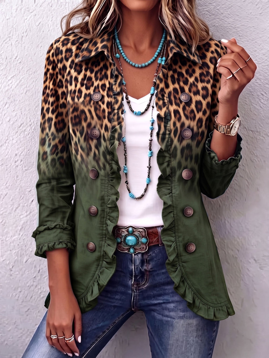 Beatrice | Blazer con estampado de leopardo degradado turquesa y volantes